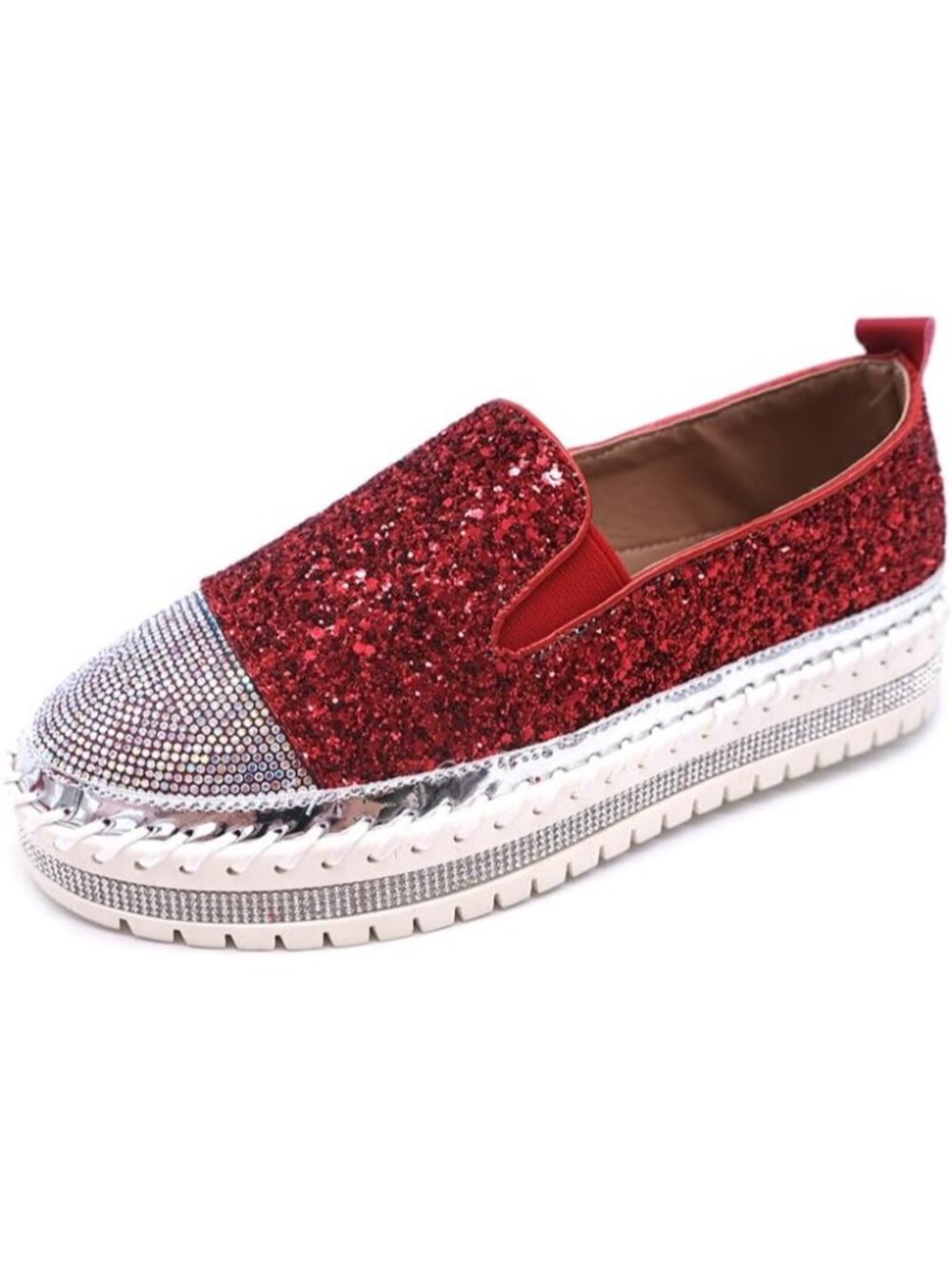 Women's Red Fashion Rhinestone Slip On Comfort Glitter Bling Walking Shoes
